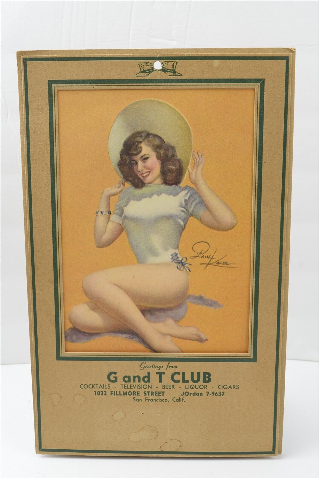 Vintage Pin Up Girl 1950s Advertising Kafka Art G & T Club San Francisco CA