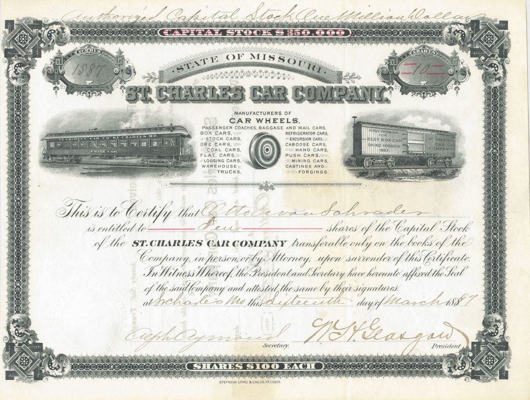 St. Charles Car Co. - 1897 dated Railroad Car Company Stock Certificate - Railro