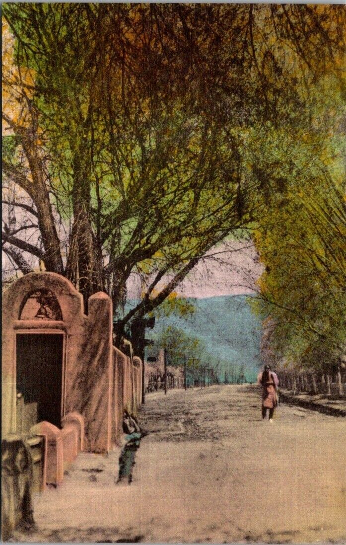 RARE Old Taos New Mexico NM Street Scene Hand Colored Postcard