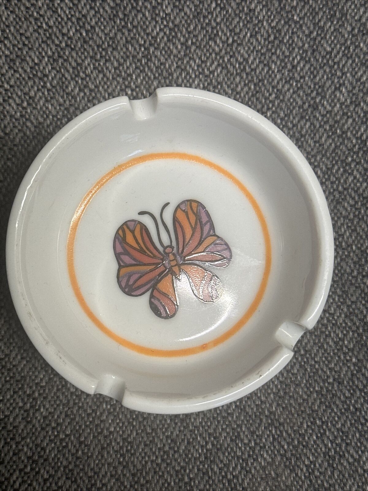 VTG Ashtray Trinket Dish Groovy 60s 70s Orange Purple Floral Butterfly