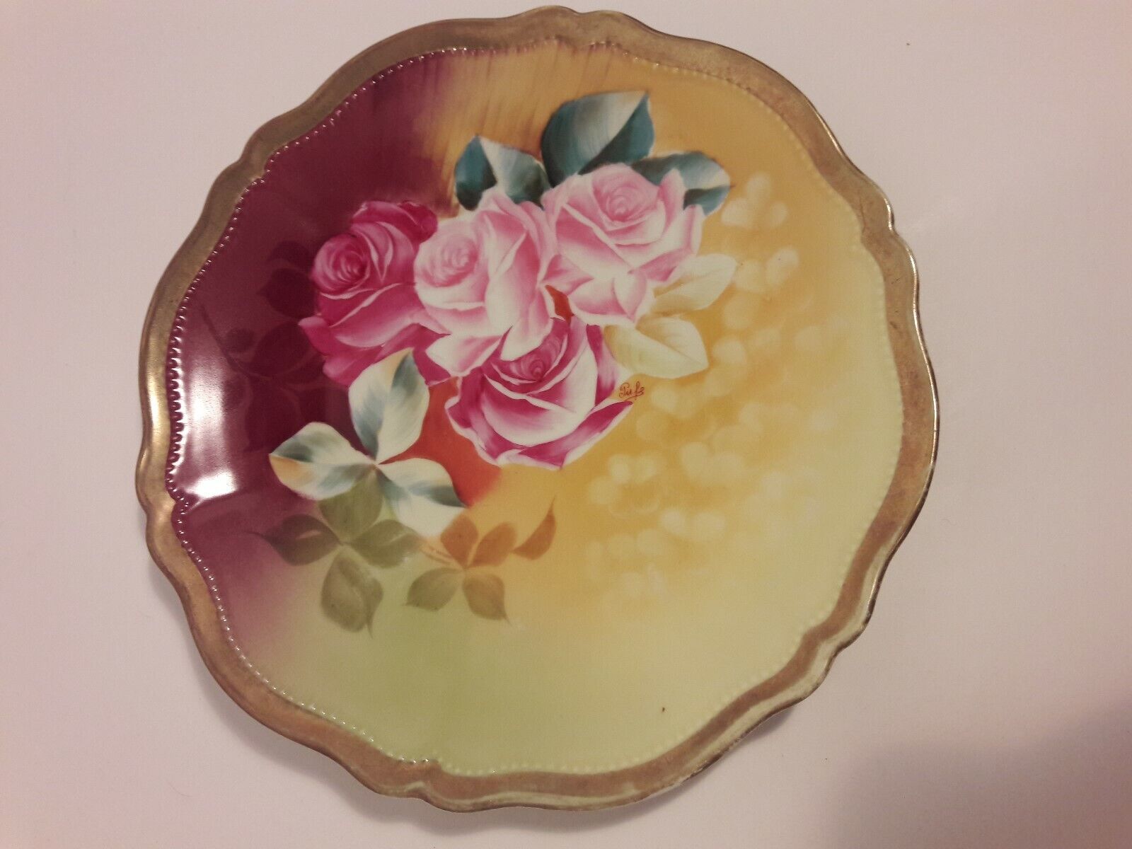Antique O & EG Royal Austria Signed Red Rose Porcelain 24K Plate American Beauty