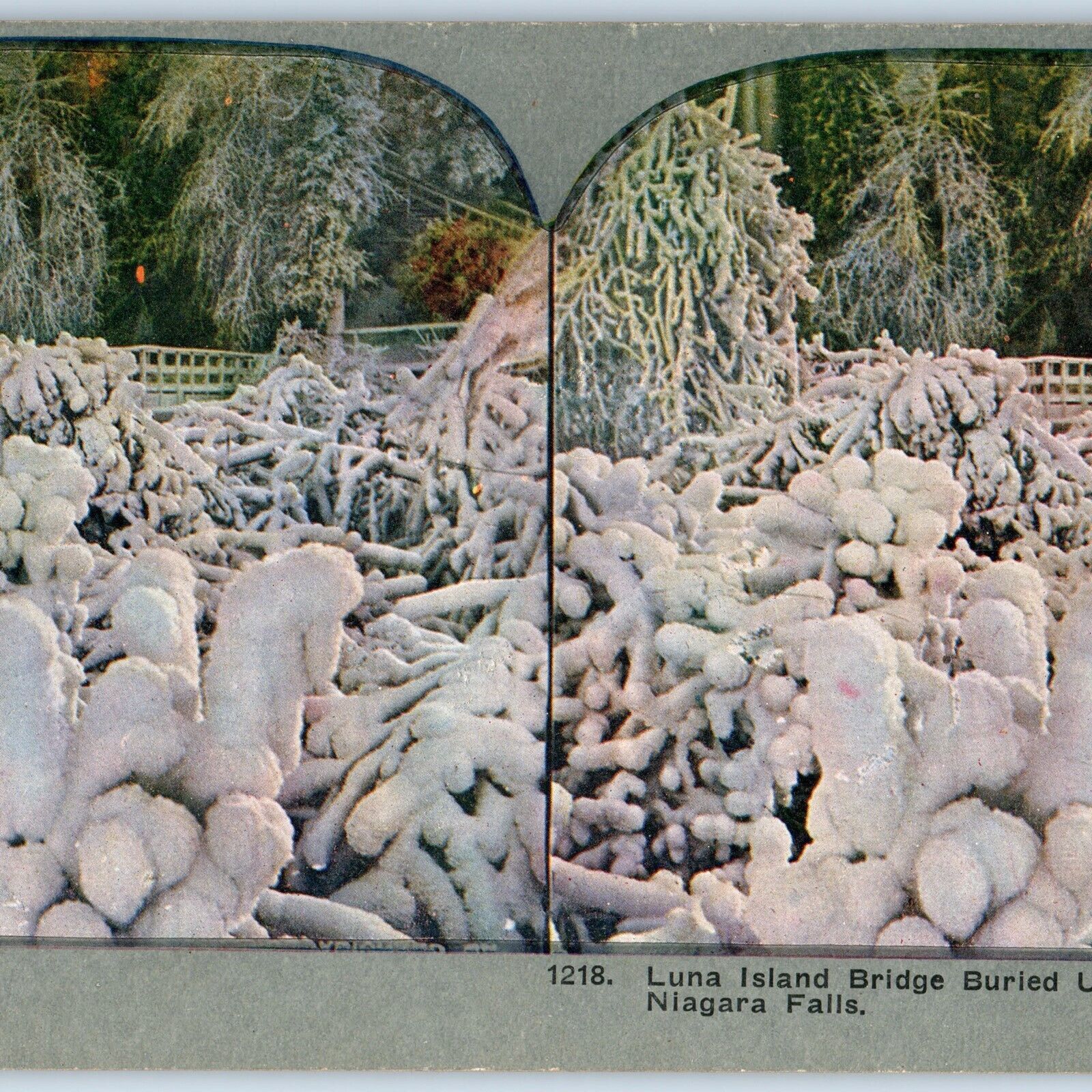 c1900s Niagara Falls Luca Island Bridge Winter Snow Litho Photo Stereo Card V8