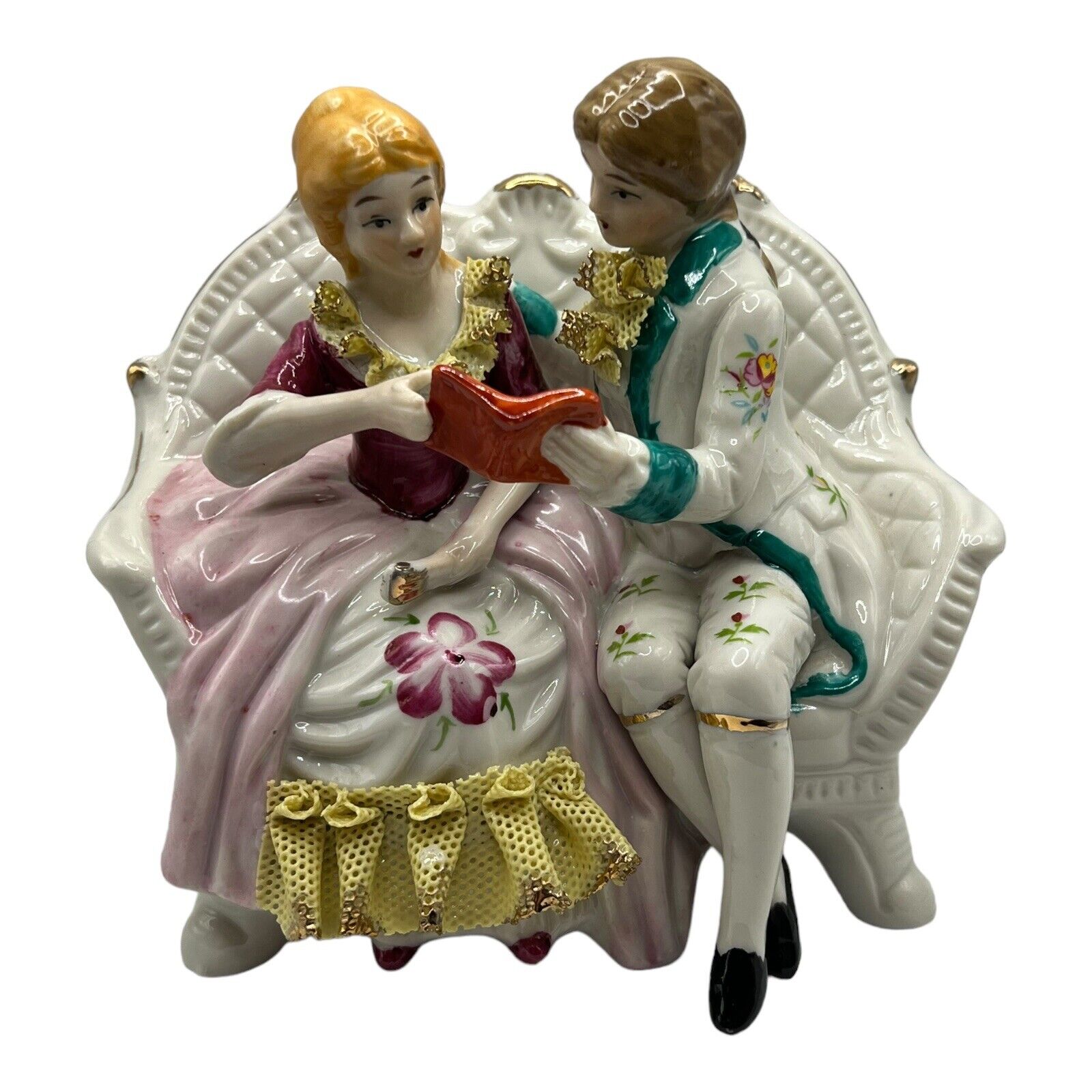 Vtg Dresden Lace Courting Couple  On Love Seat Figurine Gold Highlights Flowers