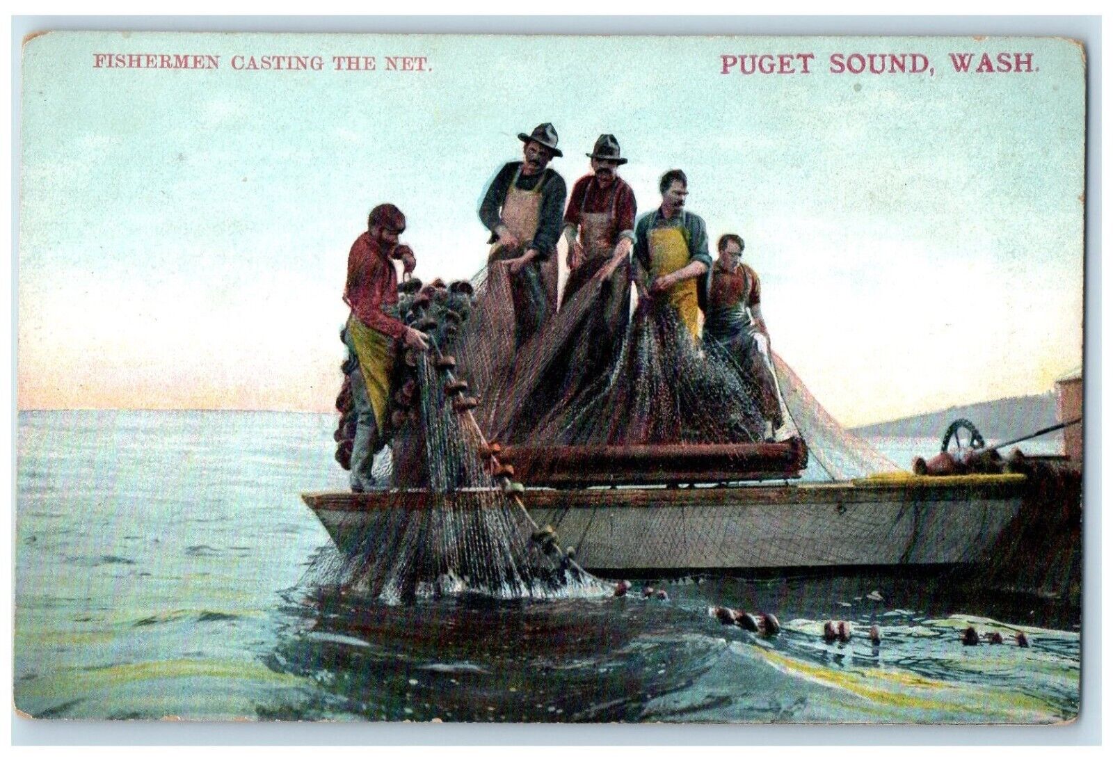 c1910 Fishermen Casting Net Fishing Puget Sound Washington WA Vintage Postcard