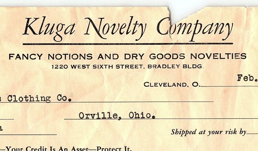 1937 KLUGA NOVELTY COMPANY NOTIONS DRY GOODS CLEVELAND OH BILLHEAD INVOICE Z3537