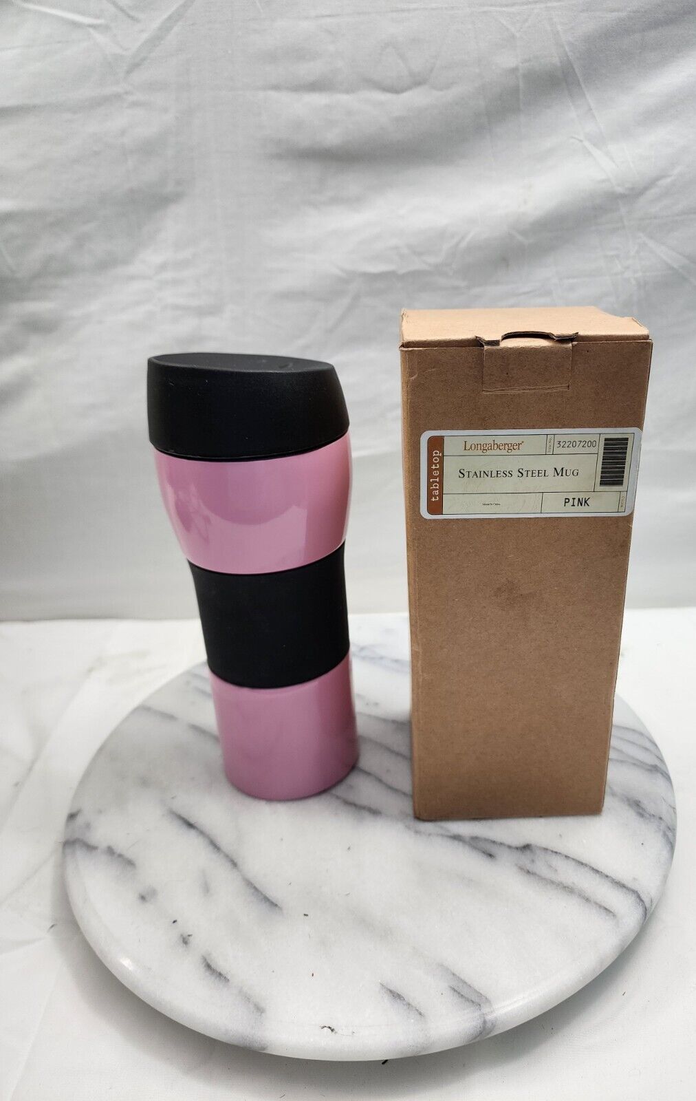 LONGABERGER STAINLESS STEEL MUG WITH LID - PINK - BRAND NEW IN BOX - RETIRED