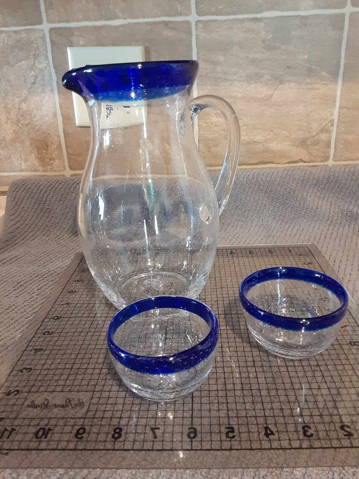 Vintage Hadeland Glassverk MCM Clear/blue bubble pitcher & tumblers signed RARE
