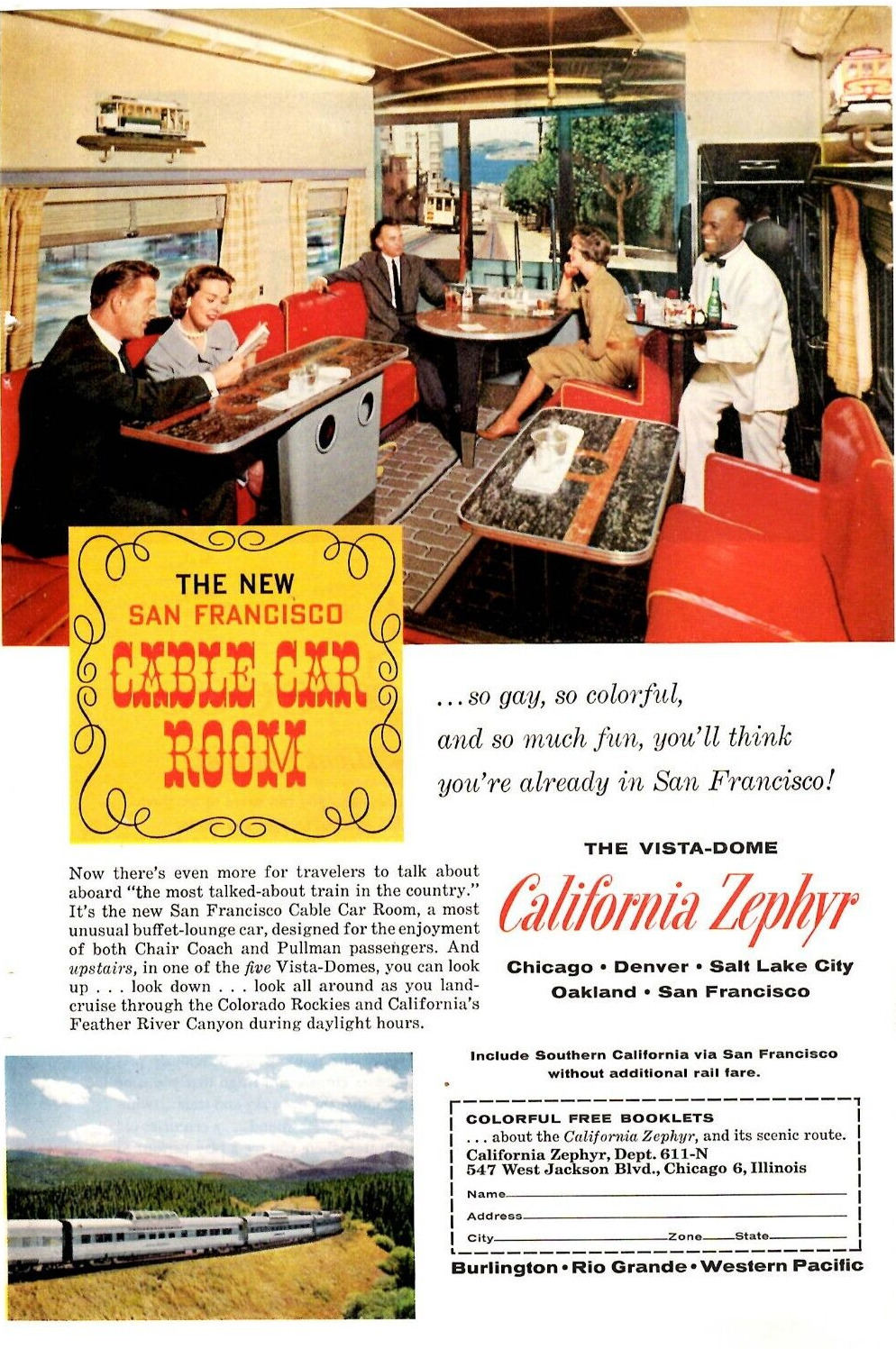 1961 Print Ad California Zephyr New San Francisco Cable Car Room Buffet Lounge