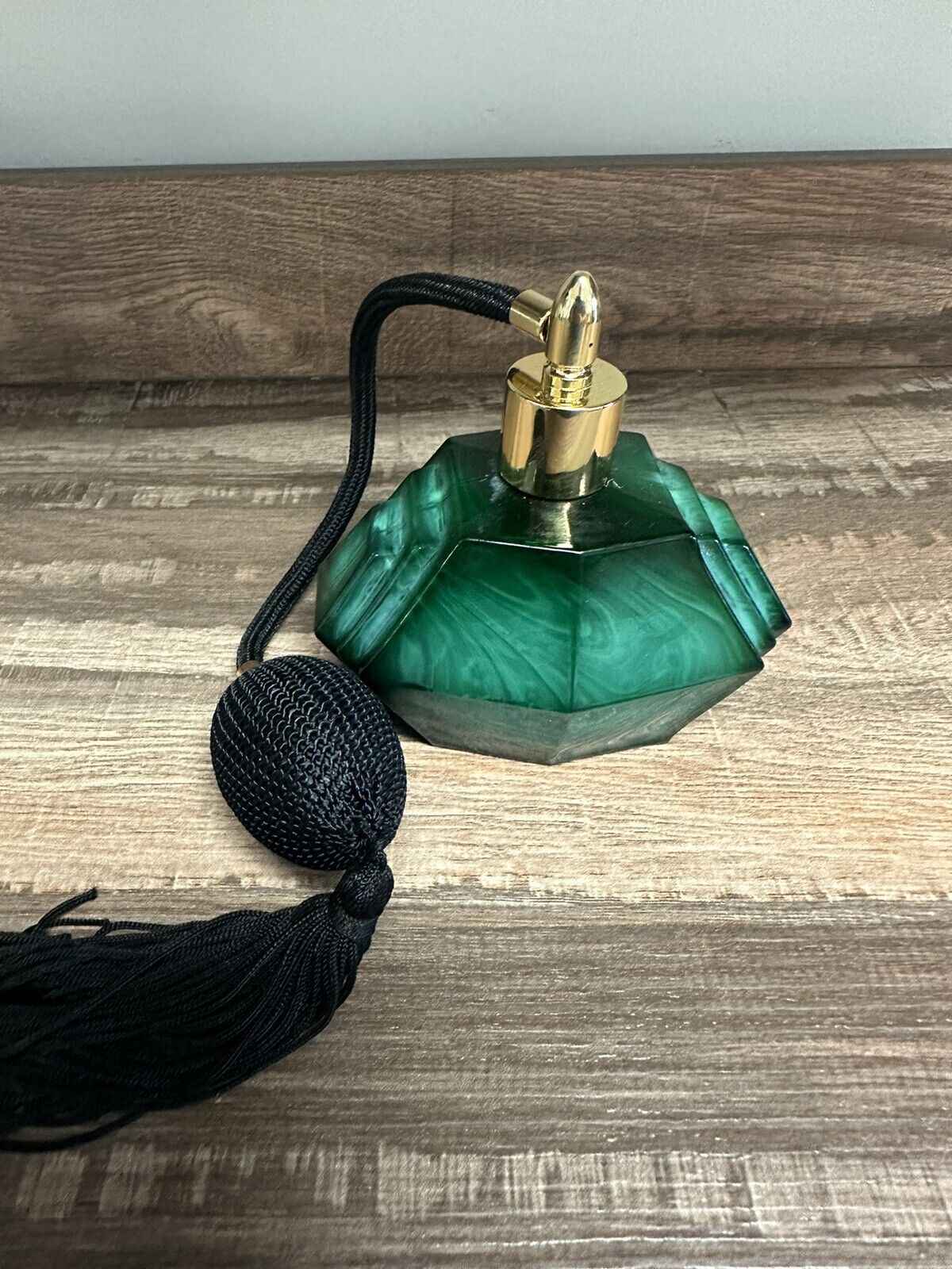 vintage bohemia Czechoslovak green perfume bottle atomizer jade malachite #1