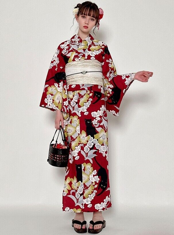Grail Kimono Yukata Set Dress Cat Cherry Camellia Kyoto Summer Clothes  Japan