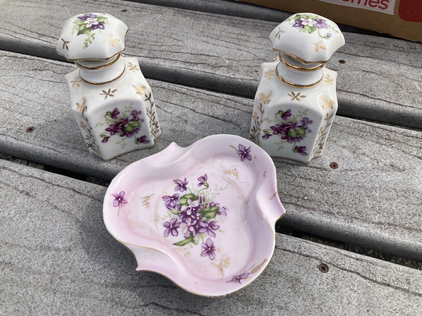 Unusual 1950s 3pc Porcelain Vanity Set Purple Violets On White W/2 Scent Bottles