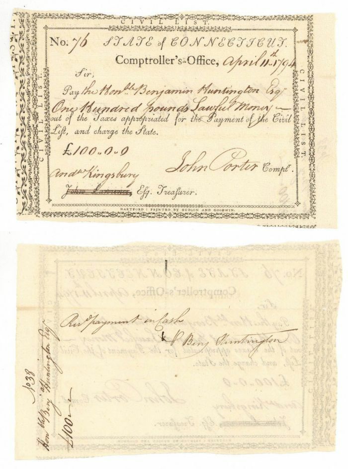 Pay Order Issued to Benjamin Huntington and Signed by him and Andrew Kingsbury a