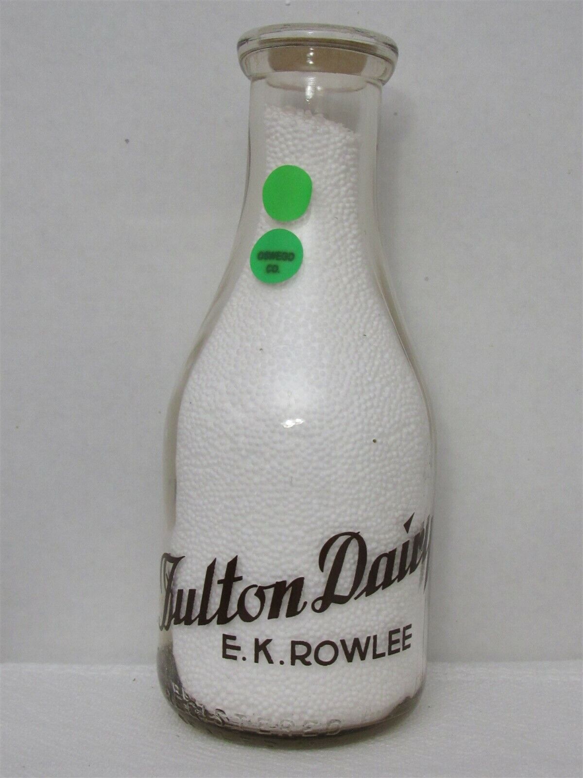 TRPQ Milk Bottle Fulton Dairy Farm E K Rowlee Fulton NY OSWEGO COUNTY 1944 RARE