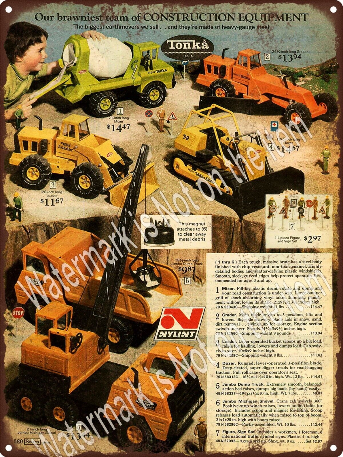 1975 Tonka Truck Nylint Mixer Grader Roller Crane Dozer Metal Sign 9x12\