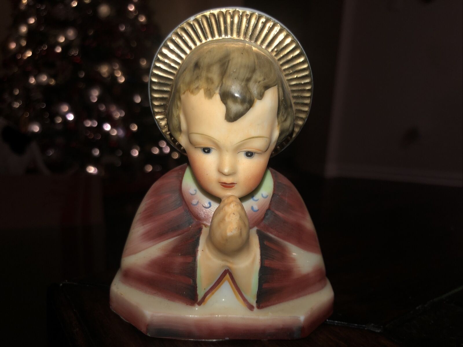 Antique San Myro Religious Porcelain Figurine Praying Saint W/ Gilt Halo 4\