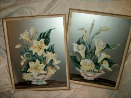 CALIFORNIA AIRBRUSH PAINTINGS STYLIZED  LILIES FLOWERS SILVER BOARD LEE 1940s