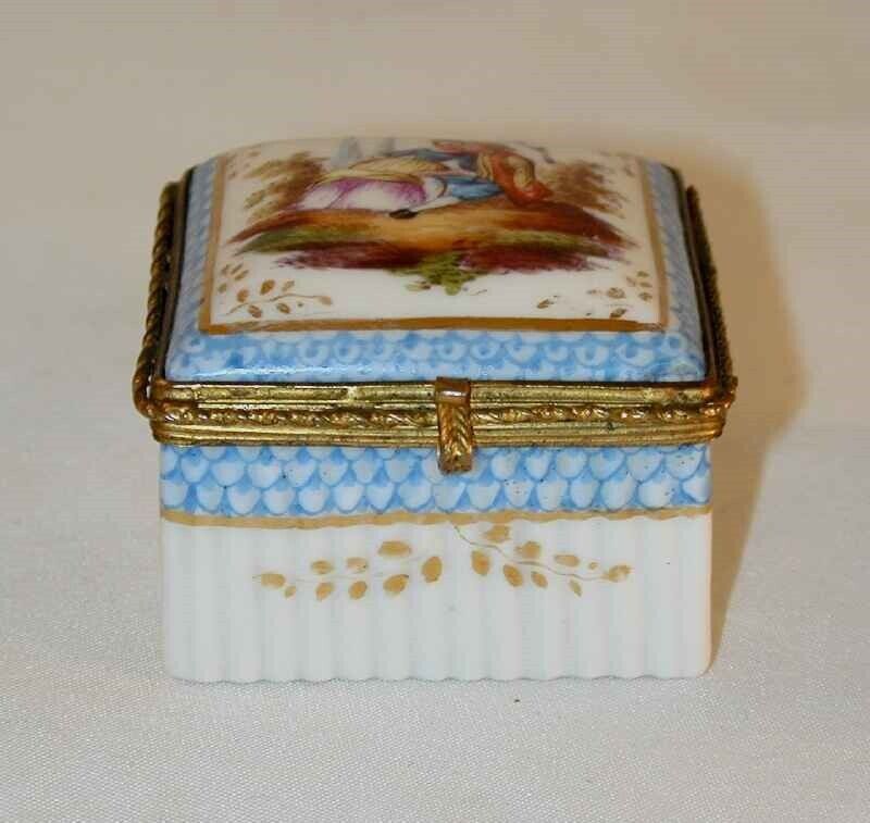 Beautiful Hand Painted Porcelain Box Courting Scene Blue Crossed Sword Mark