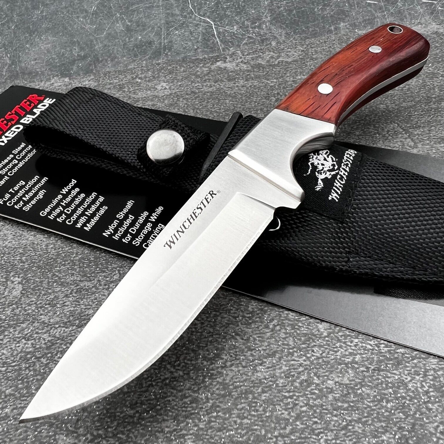Winchester Rich Grain Wood Fixed Blade Full Tang Hunter Skinner Knife and Sheath