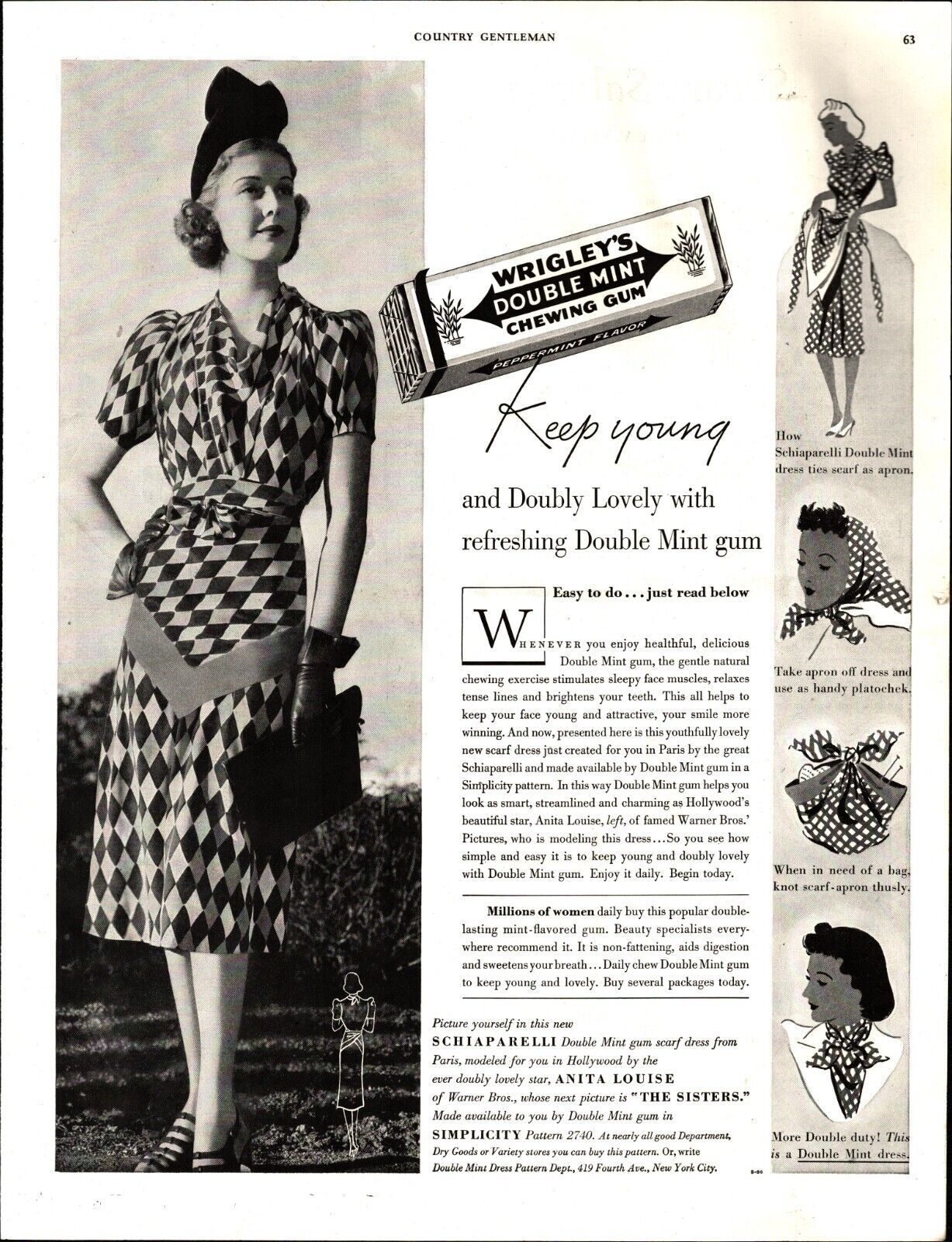 1938 Wrigleys Chewing Gum Anita Louise Schiaparelli Double Mint Print Ad b9