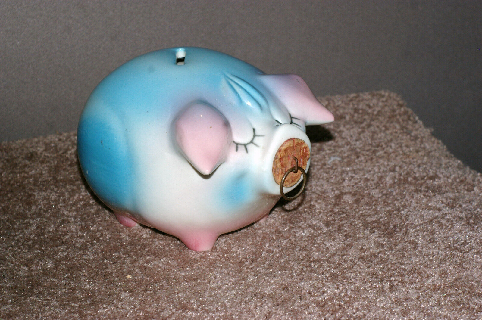 Corky Pig - Piggy Bank 1957 Pink Pig Blue Ears w/Cork nose, H P Co Made USA
