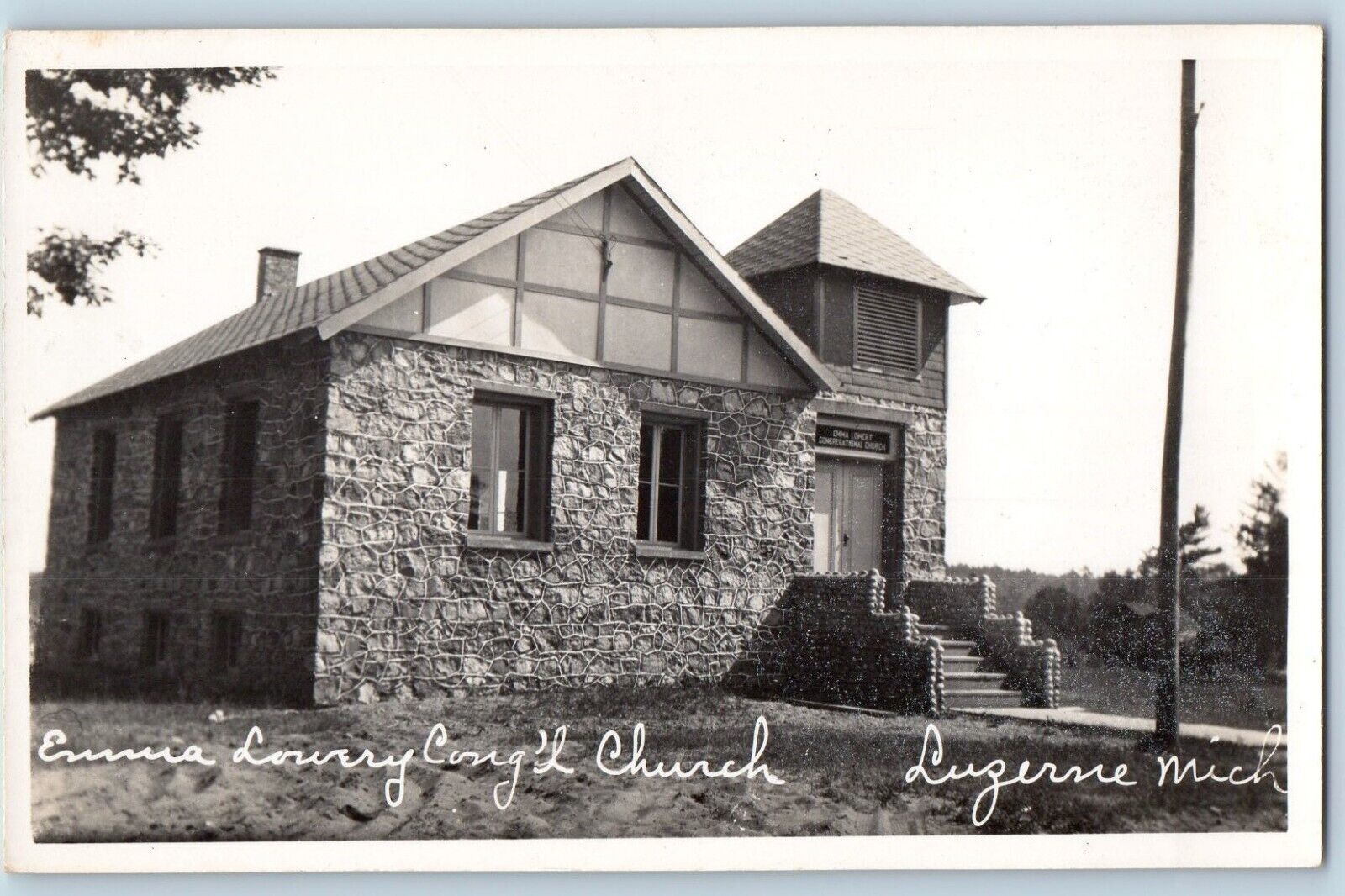 Luzerne Michigan MI Postcard RPPC Photo Emma Lowery Cong'l Church c1940's