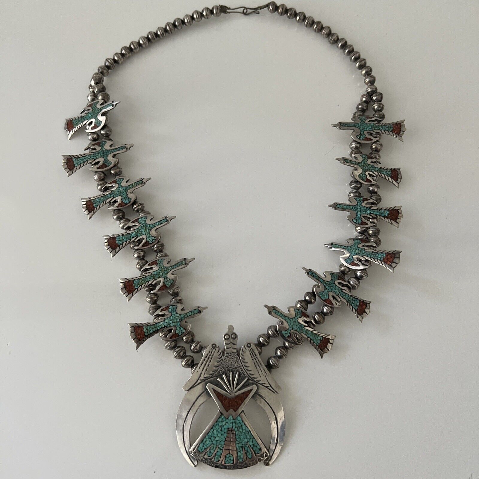 Vintage Native American Dead-Pawn Squash Blossom Silver Necklace