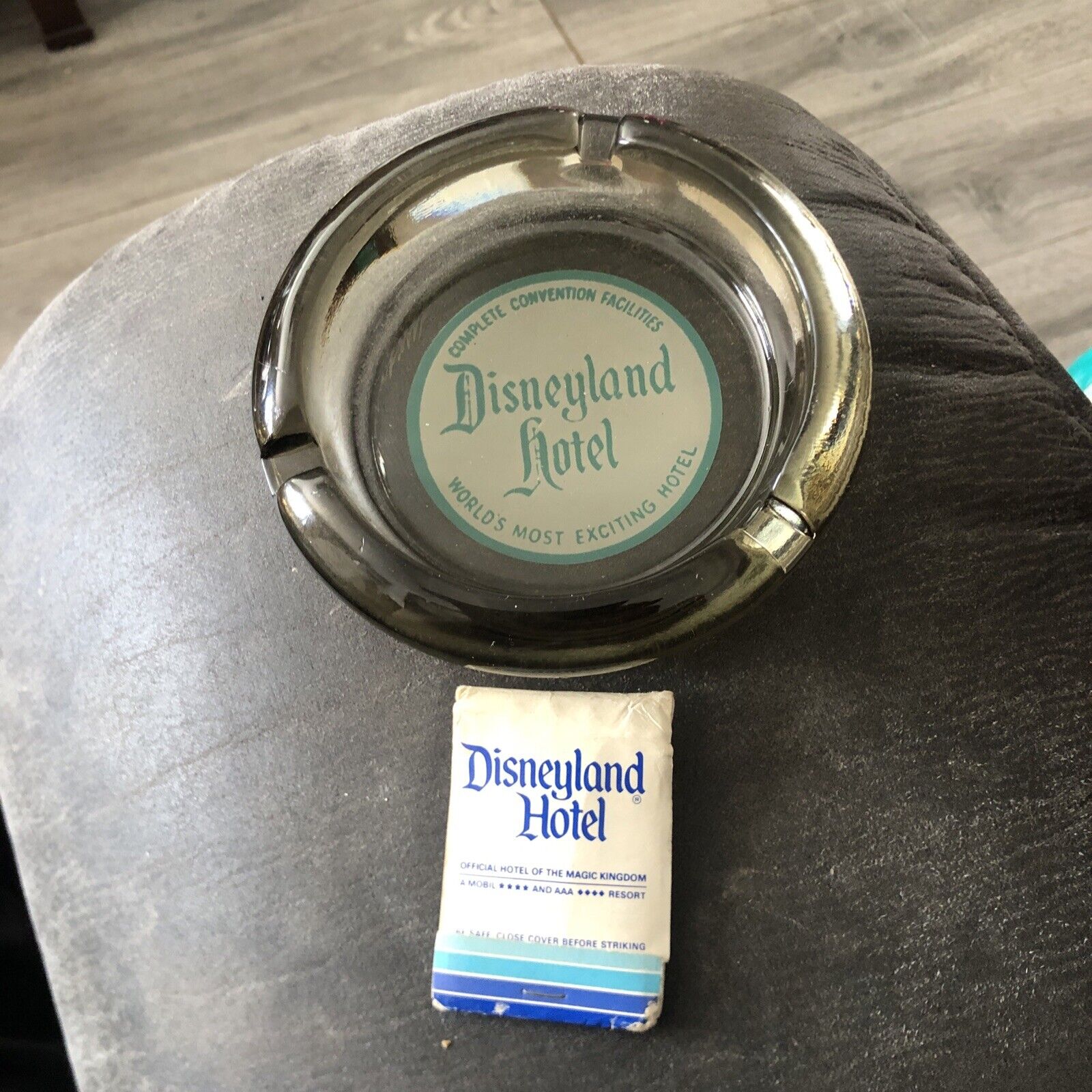Vintage Disneyland Hotel Ashtray With Smokey Glass & 1 Matchbook With Matches