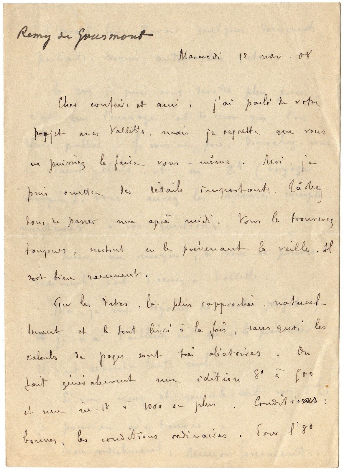 REMY DE GOURMONT to Octave Uzanne - autograph - November 18, 1908
