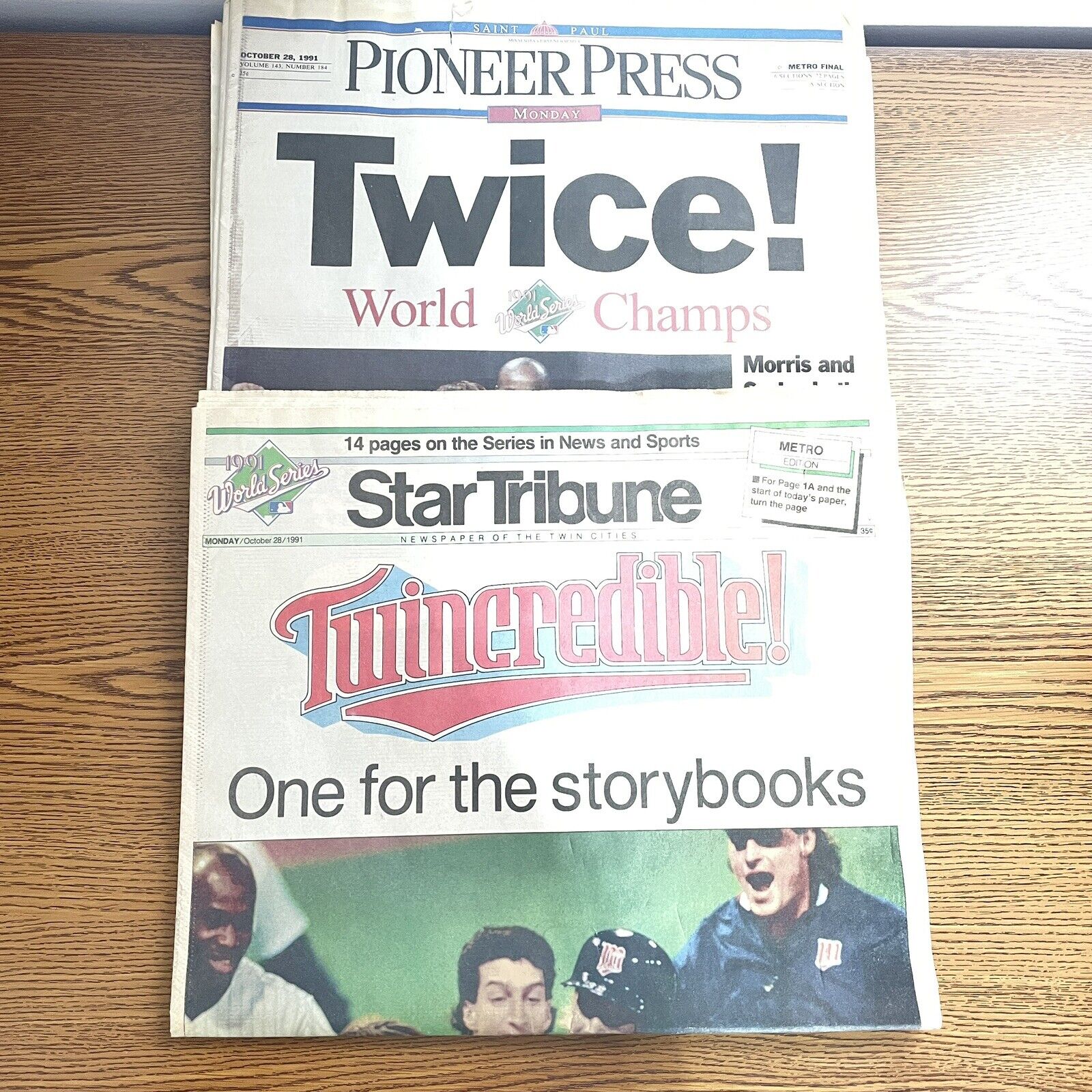 October 28, 1991 Star Tribune & Pioneer Press World Series Minnesota Twins Champ