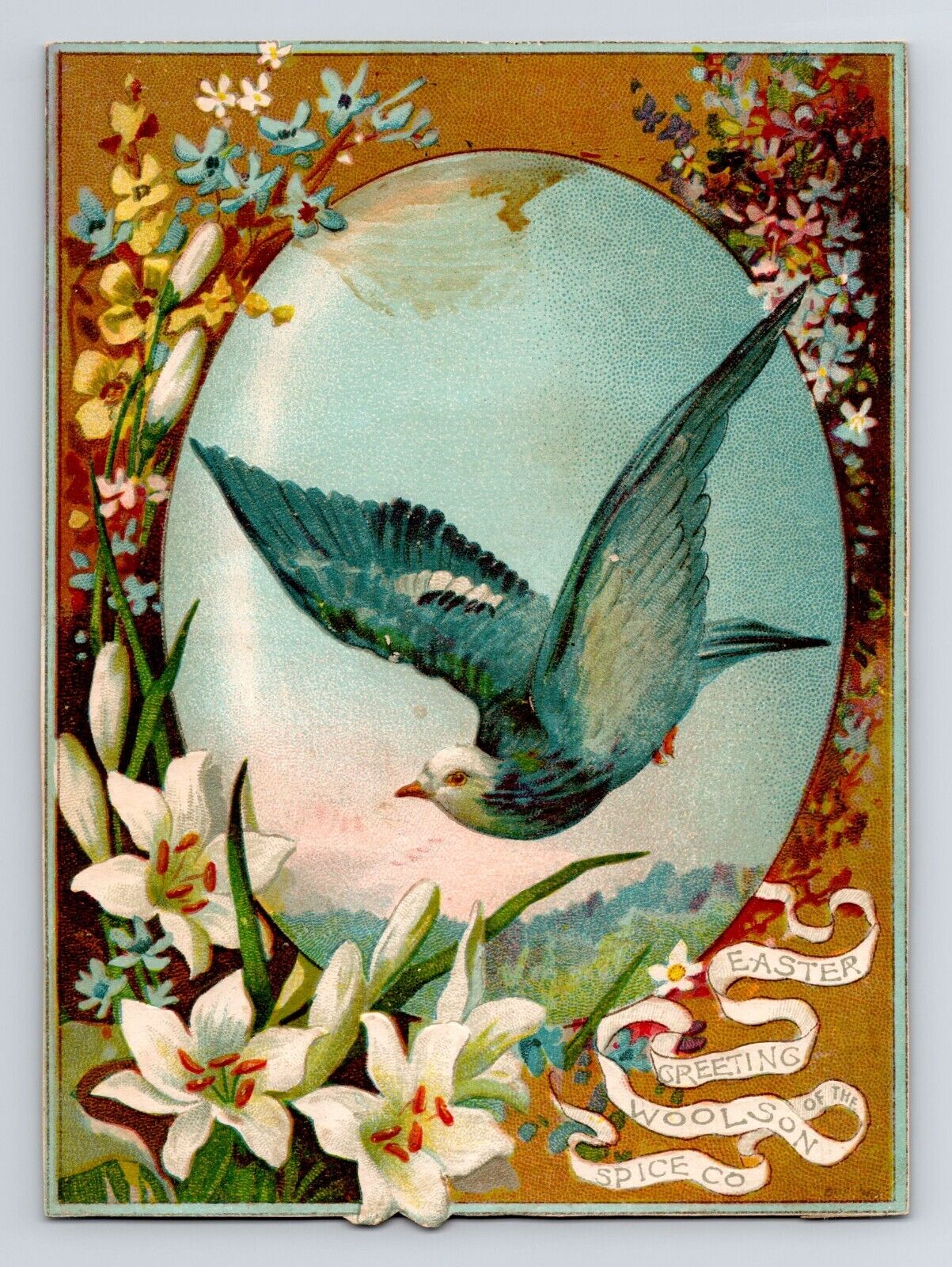Victorian Trade Card Woolson Spice Easter Greeting Bird Lilies