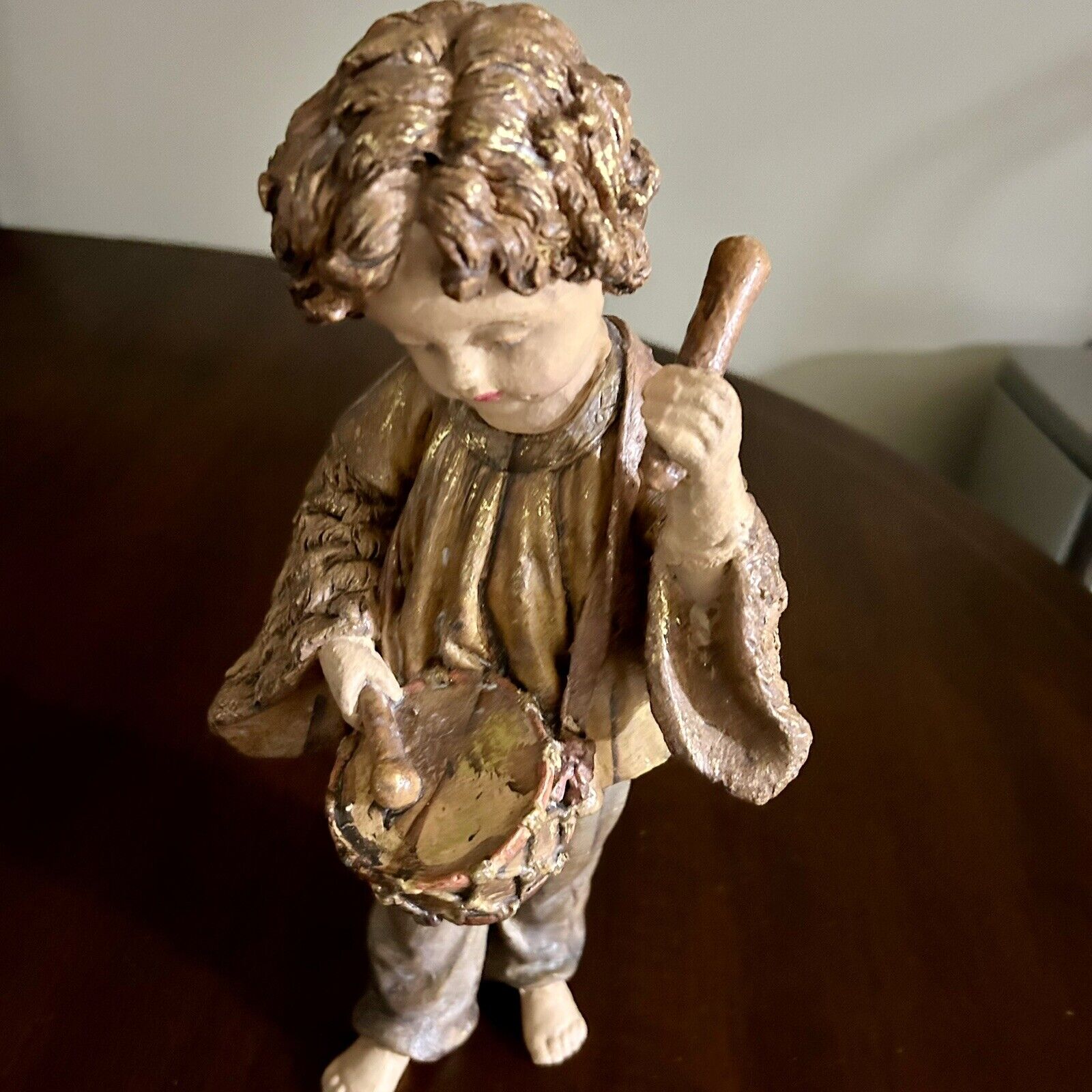 Vintage Wooden Statue Of A Cherub Or A Boy Playing His Drum Signed Handmade