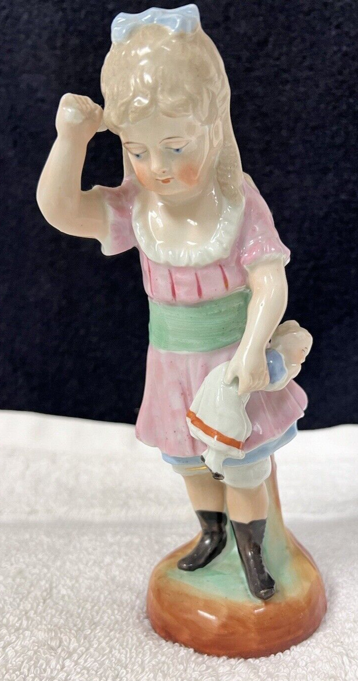 Antique Girl w Doll Statue Figure Crossed Sword Signature 7 3/8\