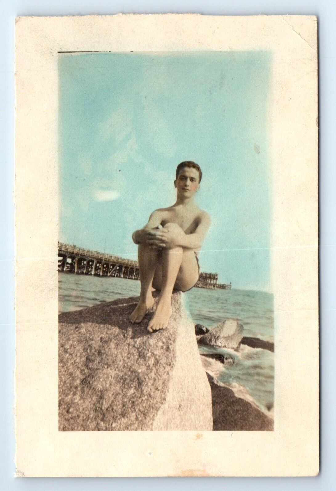 Handsome Young Man Swimsuit Gay Interest Hunky RPPC Postcard c.1940 TRIMMED