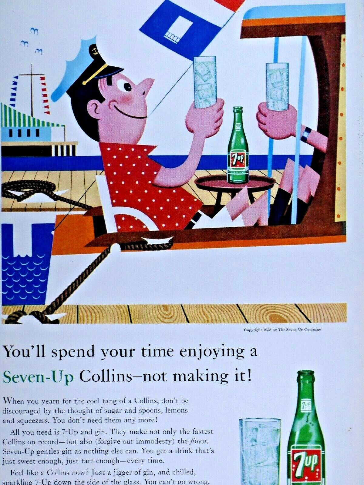 7 Up Vintage Enjoying A Collins On Boat 1958 Original Print Ad 8.5 x 11