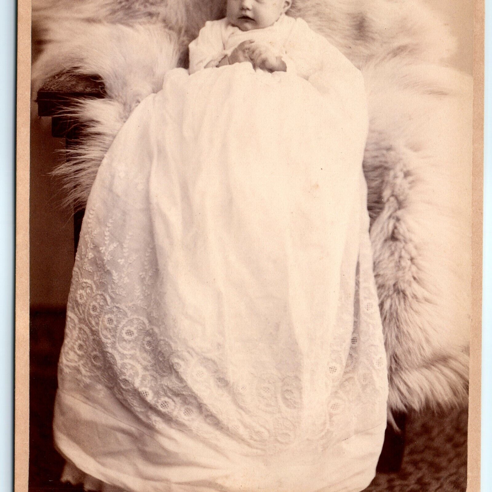 c1890s Mystery Baby in Huge Dress Cabinet Card Photo Long Fur Chair Antique B4