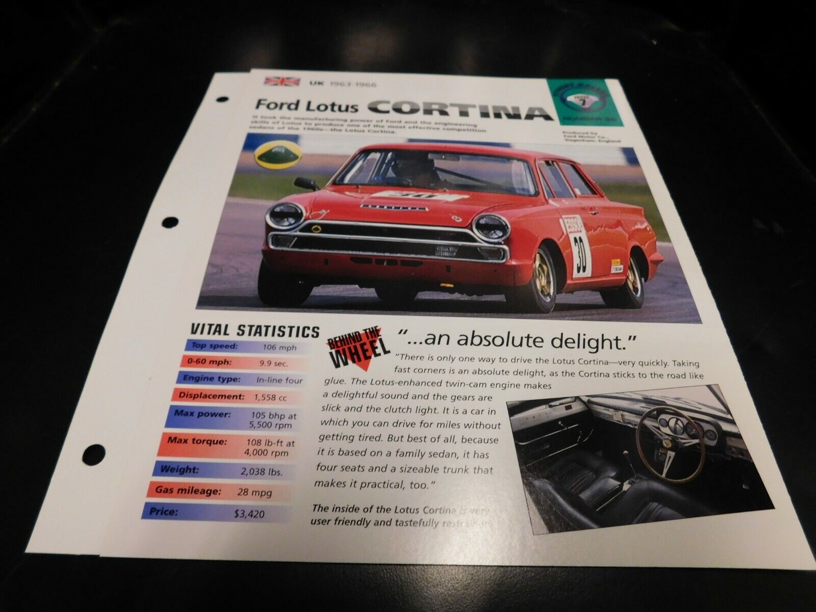 1963-1966 Ford Lotus Cortina Spec Sheet Brochure Photo Poster