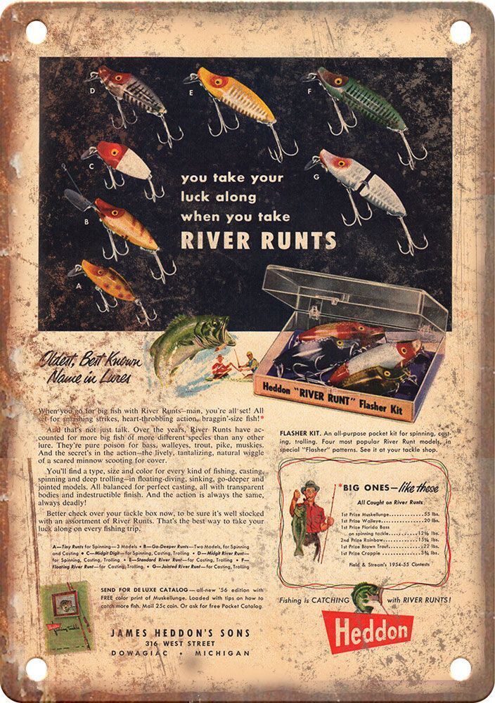 Vintage Heddon Fishing Advertisment Reproduction Metal Sign FF07