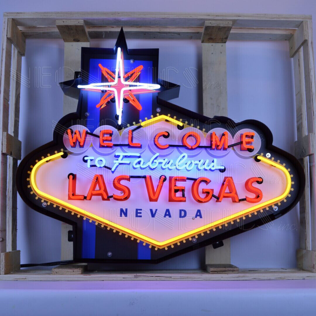 Large WELCOME TO FABULOUS LAS VEGAS NEON Man Cave SIGN IN SHAPED STEEL CAN