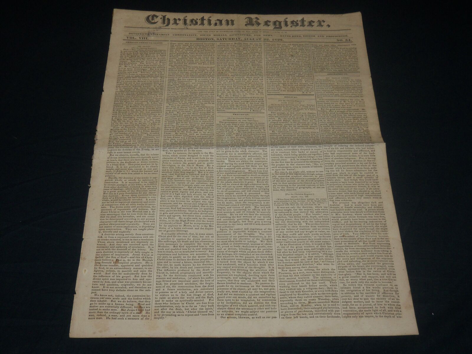 1829 AUGUST 22 CHRISTIAN REGISTER NEWSPAPER - BOSTON - NP 4824