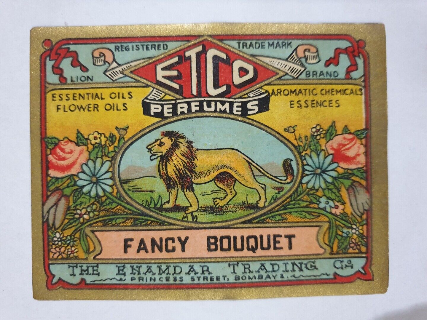 Vintage Trade Label LION Etco Perfumes Bombay 3.75 in x 3.00 in