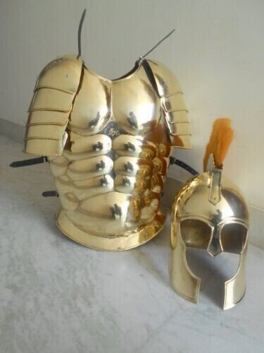 ANTIQUE MUSCLE ARMOUR JACKET WITH SHOULDERS & TROY HELMET ARMOR COSTUME