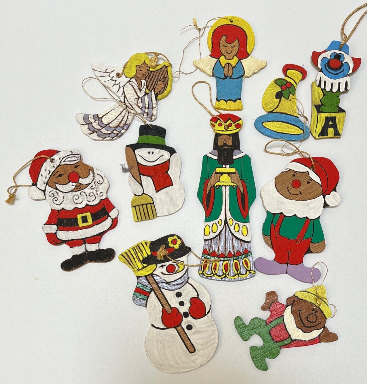 1970s Vintage Lot of 10 Hand Painted Christmas Ornaments Balsa Wood Folk Art #a