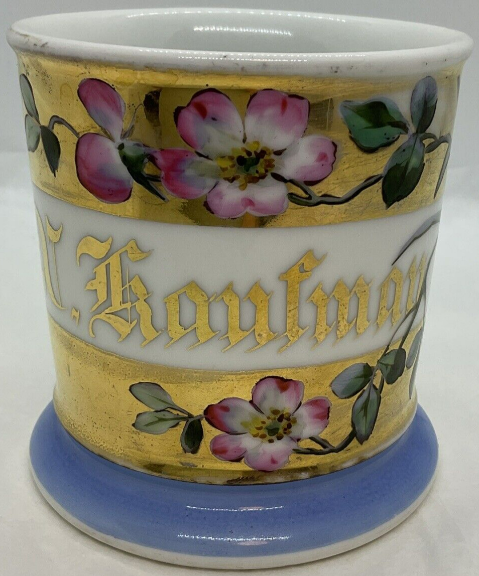 Rare H&Co N Kaufman Hand Painted Gilded Shaving Cup Mug Barber Cherry Blossom 