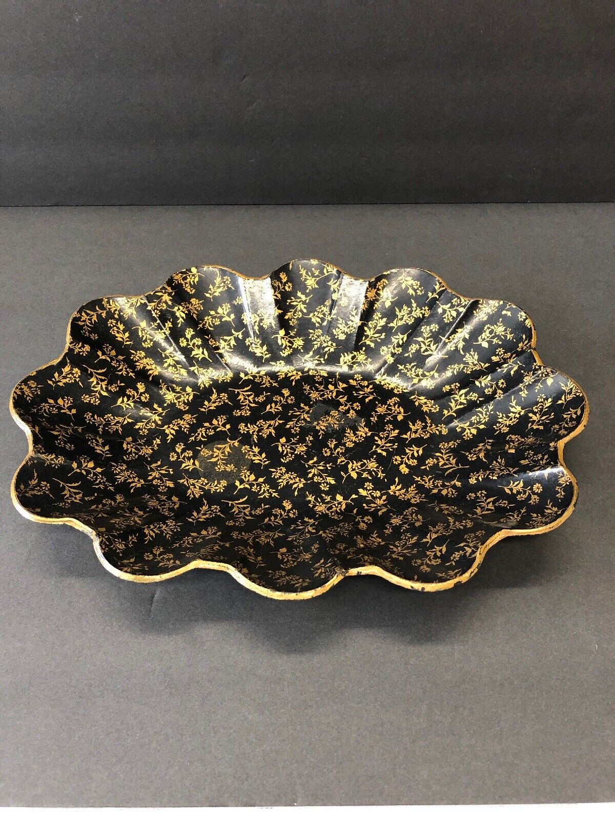 Vintage Antique Toleware Black And Gold Floral Scallop Edge Bowl Centerpiece