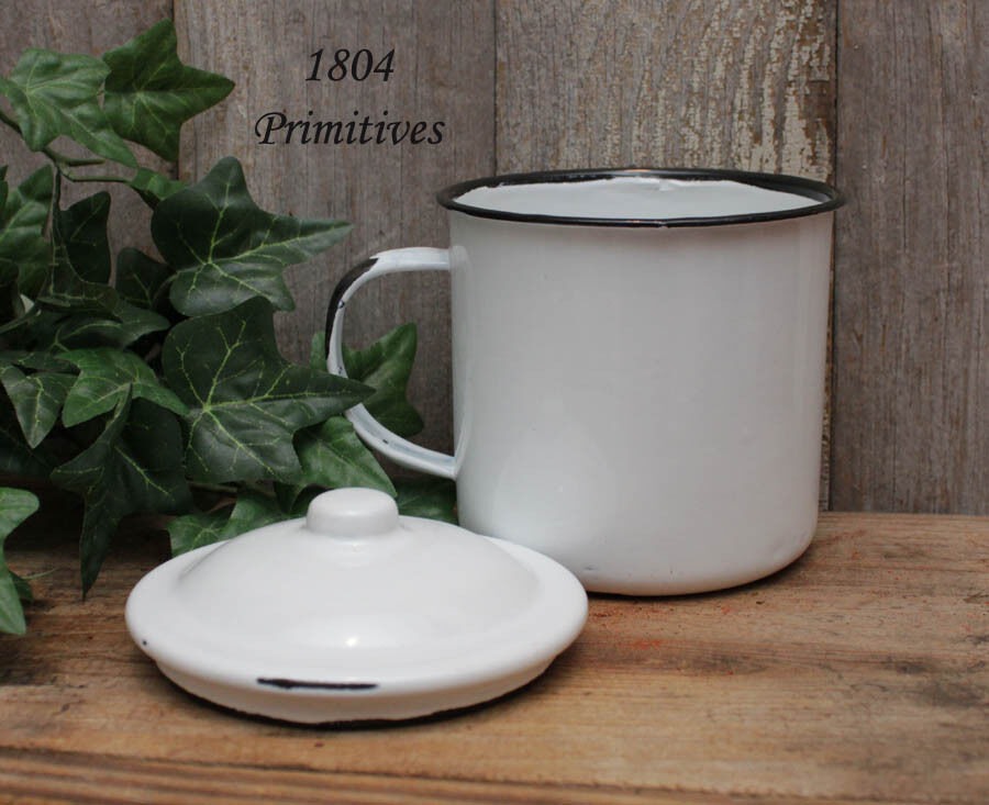 NEW Reproduction Enamelware White w/Black Trim Mug, Cup & Lid -- Holds 10 oz