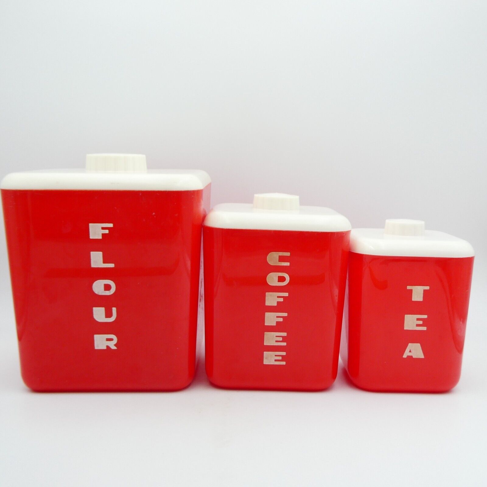 Lustro Ware Red & White Coffee Tea Flour Plastic Canister Set 3 Pieces Vintage