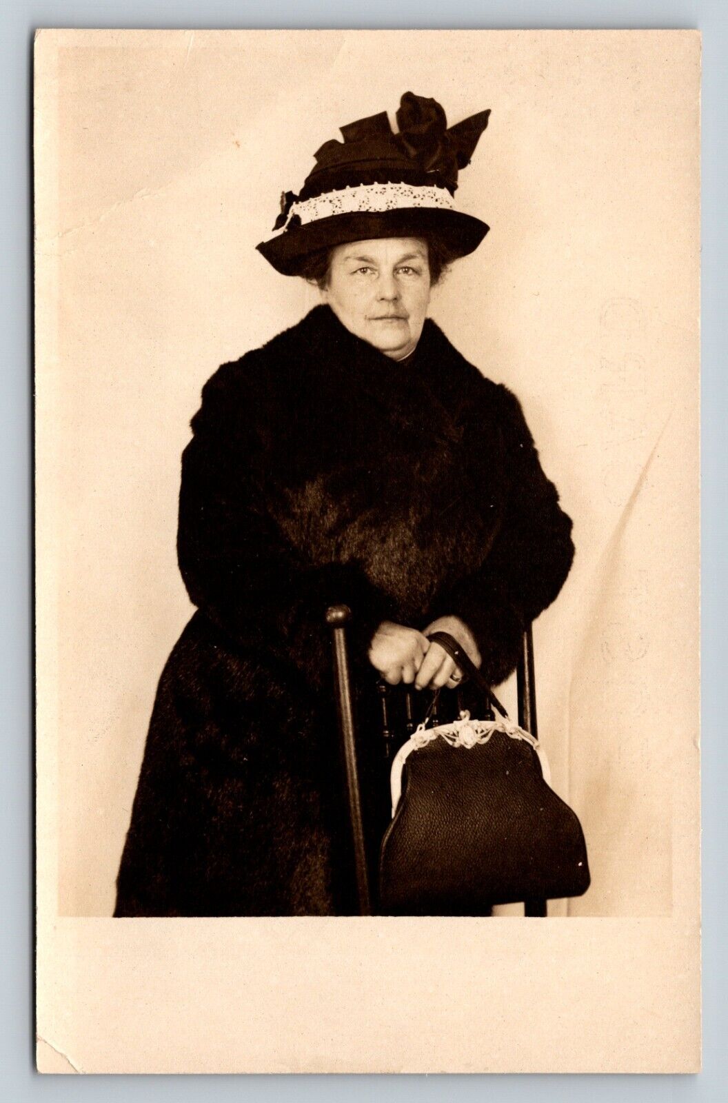 Woman In Fur Coat Poses W/ Purse & Hat - Velox 1907-1914 Antique RPPC Postcard