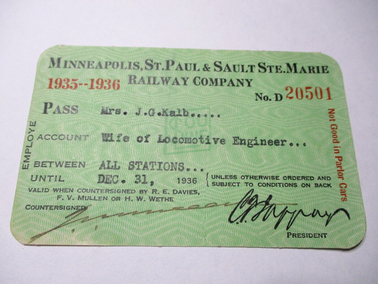 VINTAGE 1935-36 MINNEAPOLIS ST. PAUL & SAULT STE MARIE RY. RAILROAD PASS ~ KALB