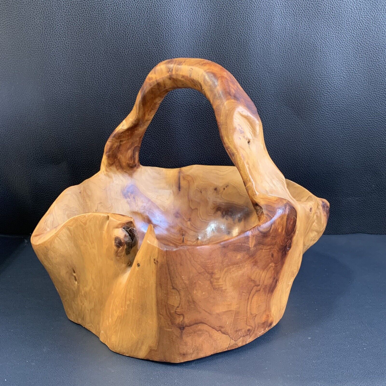 Vintage Hand Carved Bowl Basket Knobby Burl Wood Basket 11\
