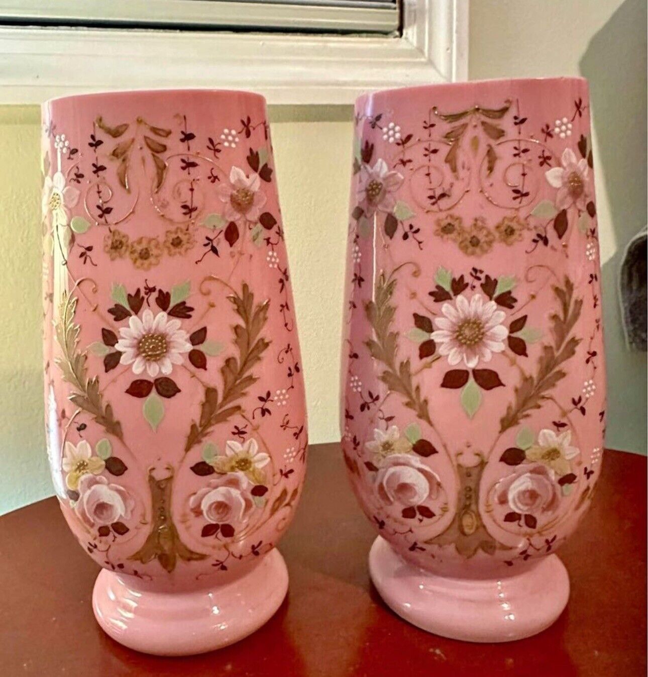 2 Continental Bristol Pink HAND PAINTED Large Vases Vintage c. 1900's Rare Sign